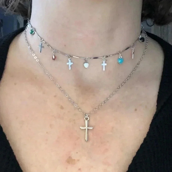 Silver Double Layer Multicolor Heart & Cross Station Choker Necklace NWT - Picture 1 of 3